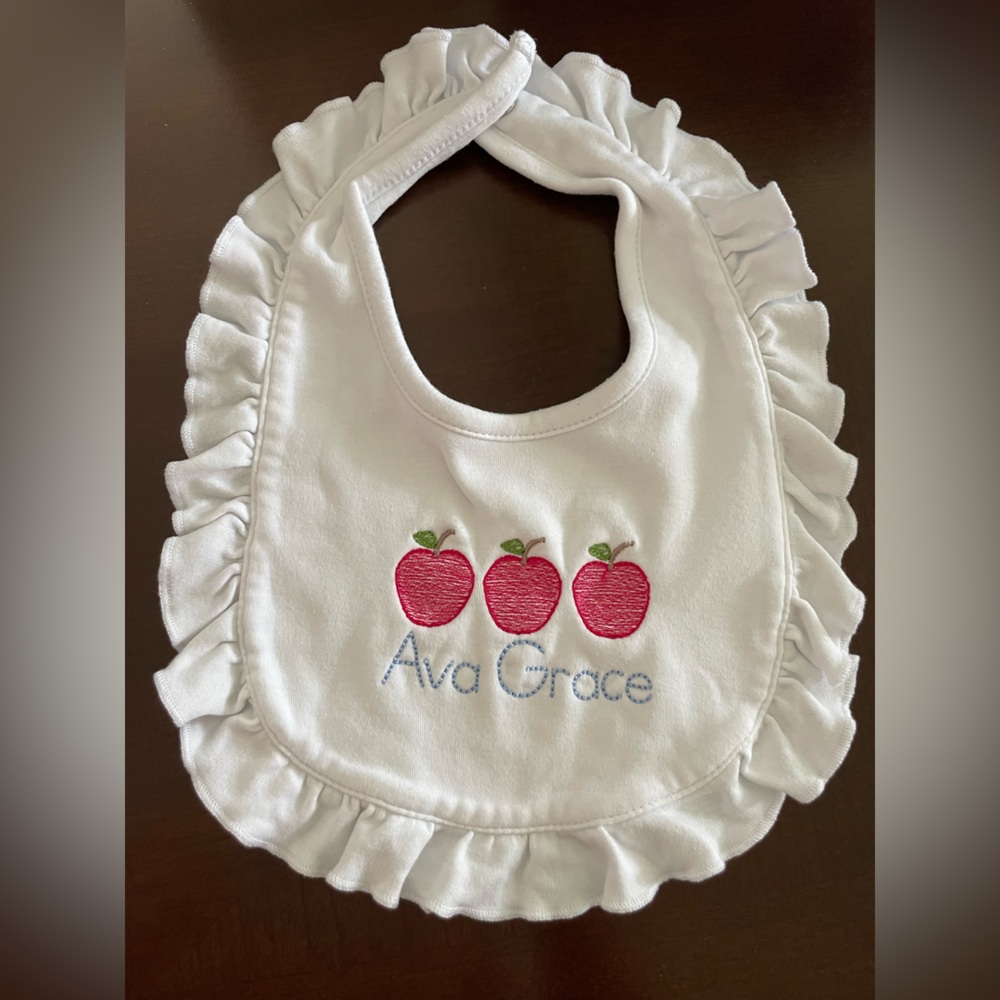“Ava Grace” Embroidered White Baby Bib with Red Apple Design